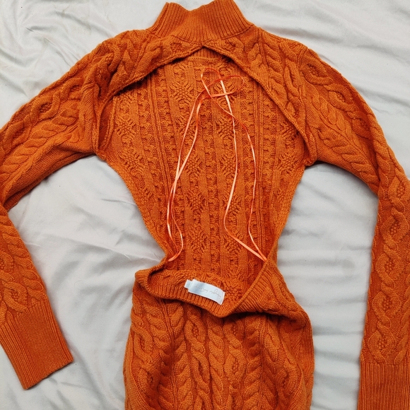 Midi Orange Knitted Backless Sweater Dress - Picture 6 of 6